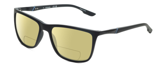 Profile View of Columbia C553S Designer Polarized Reading Sunglasses with Custom Cut Powered Sun Flower Yellow Lenses in Matte Black Blue Mens Rectangular Full Rim Acetate 62 mm