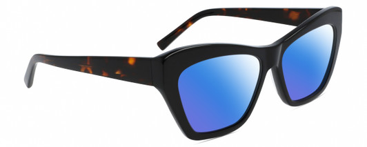 Profile View of DKNY DK535S Designer Polarized Sunglasses with Custom Cut Blue Mirror Lenses in Gloss Black Dark Tortoise Havana Brown Ladies Cat Eye Full Rim Acetate 55 mm