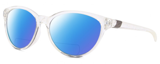 Profile View of NIKE CITY PERSONA DJ Designer Polarized Reading Sunglasses with Custom Cut Powered Blue Mirror Lenses in Clear Crystal Shiny Gunmetal Unisex Oval Full Rim Acetate 57 mm