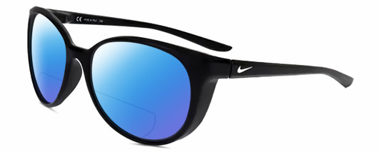 Profile View of NIKE ESSENCE CT8234 Designer Polarized Reading Sunglasses with Custom Cut Powered Blue Mirror Lenses in Gloss Black White Unisex Oval Full Rim Acetate 56 mm