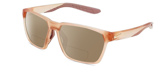 Profile View of NIKE MAVERICK S M DJ Designer Polarized Reading Sunglasses with Custom Cut Powered Amber Brown Lenses in Washed Coral Pink Orange Frosted Crystal Unisex Rectangular Full Rim Acetate 55 mm