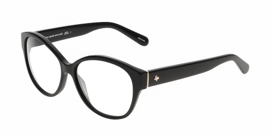Profile View of Kate Spade KIERST2-807-Y7 Designer Reading Eye Glasses with Custom Cut Powered Lenses in Gloss Black Silver Logo Ladies Cat Eye Full Rim Acetate 56 mm