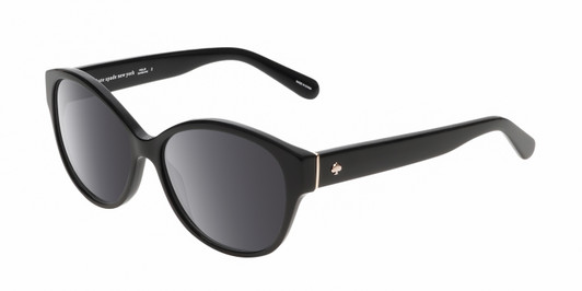 Profile View of Kate Spade KIERST2-807-Y7 Designer Polarized Sunglasses with Custom Cut Smoke Grey Lenses in Gloss Black Silver Logo Ladies Cat Eye Full Rim Acetate 56 mm