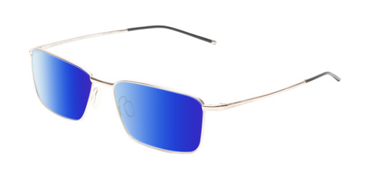 Profile View of Porsche Design P8364 Designer Polarized Sunglasses with Custom Cut Blue Mirror Lenses in Shiny Gold Black Unisex Rectangular Full Rim Titanium 55 mm