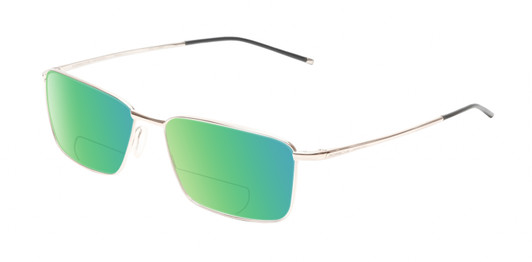 Profile View of Porsche Design P8364 Designer Polarized Reading Sunglasses with Custom Cut Powered Green Mirror Lenses in Shiny Gold Black Unisex Rectangular Full Rim Titanium 55 mm