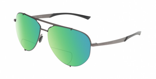 Profile View of Porsche Design P8920 Designer Polarized Reading Sunglasses with Custom Cut Powered Green Mirror Lenses in Satin Dark Gunmetal Grey Black Unisex Pilot Full Rim Metal 63 mm