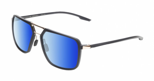 Profile View of Porsche Design P8934 Designer Polarized Sunglasses with Custom Cut Blue Mirror Lenses in Matte Charcoal Grey Gold Unisex Pilot Full Rim Acetate 59 mm