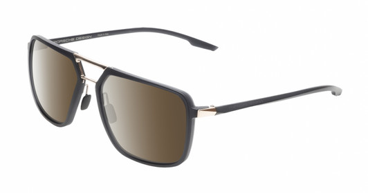 Profile View of Porsche Design P8934 Designer Polarized Sunglasses with Custom Cut Amber Brown Lenses in Matte Charcoal Grey Gold Unisex Pilot Full Rim Acetate 59 mm