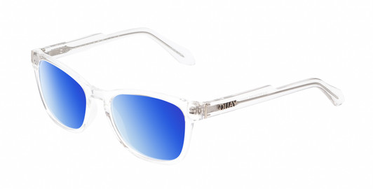 Profile View of QUAY Australia Hardwire Mini Designer Polarized Sunglasses with Custom Cut Blue Mirror Lenses in Clear Crystal Gold Unisex Cat Eye Full Rim Acetate 51 mm