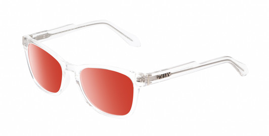 Profile View of QUAY Australia Hardwire Mini Designer Polarized Sunglasses with Custom Cut Red Mirror Lenses in Clear Crystal Gold Unisex Cat Eye Full Rim Acetate 51 mm