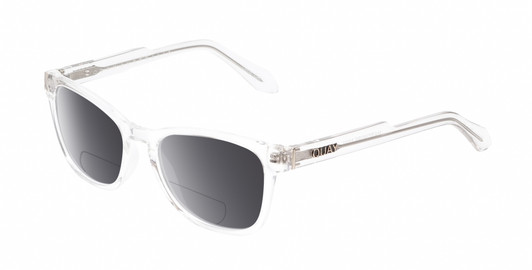 Profile View of QUAY Australia Hardwire Mini Designer Polarized Reading Sunglasses with Custom Cut Powered Smoke Grey Lenses in Clear Crystal Gold Unisex Cat Eye Full Rim Acetate 51 mm