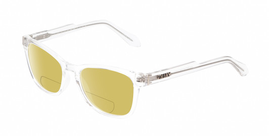 Profile View of QUAY Australia Hardwire Mini Designer Polarized Reading Sunglasses with Custom Cut Powered Sun Flower Yellow Lenses in Clear Crystal Gold Unisex Cat Eye Full Rim Acetate 51 mm