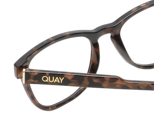 Close Up View of QUAY Australia Hardwire Mini Cat Eye Blue Light Reading Glasses in Tortoise 51mm
