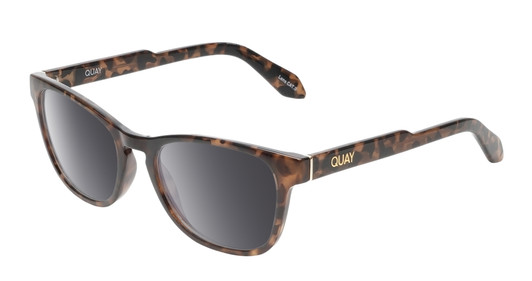 Profile View of QUAY Australia Hardwire Mini Designer Polarized Sunglasses with Custom Cut Smoke Grey Lenses in Amber Brown Tortoise Havana Gold Unisex Cat Eye Full Rim Acetate 51 mm