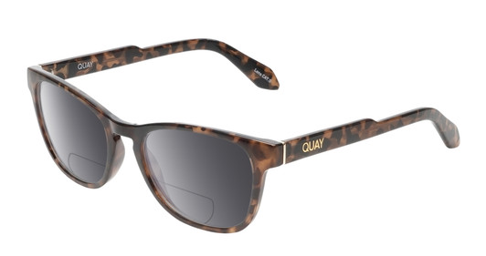 Profile View of QUAY Australia Hardwire Mini Designer Polarized Reading Sunglasses with Custom Cut Powered Smoke Grey Lenses in Amber Brown Tortoise Havana Gold Unisex Cat Eye Full Rim Acetate 51 mm