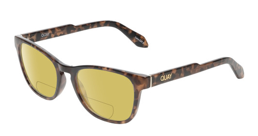 Profile View of QUAY Australia Hardwire Mini Designer Polarized Reading Sunglasses with Custom Cut Powered Sun Flower Yellow Lenses in Amber Brown Tortoise Havana Gold Unisex Cat Eye Full Rim Acetate 51 mm