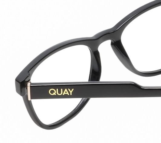 Close Up View of QUAY Australia Hardwire Mini Designer Reading Eye Glasses with Custom Cut Powered Lenses in Gloss Black Gold Unisex Cat Eye Full Rim Acetate 51 mm