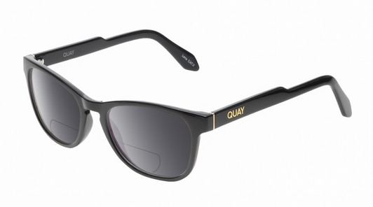 Profile View of QUAY Australia Hardwire Mini Designer Polarized Reading Sunglasses with Custom Cut Powered Smoke Grey Lenses in Gloss Black Gold Unisex Cat Eye Full Rim Acetate 51 mm