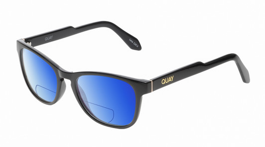 Profile View of QUAY Australia Hardwire Mini Designer Polarized Reading Sunglasses with Custom Cut Powered Blue Mirror Lenses in Gloss Black Gold Unisex Cat Eye Full Rim Acetate 51 mm