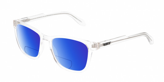 Profile View of QUAY Australia Hardwire Designer Polarized Reading Sunglasses with Custom Cut Powered Blue Mirror Lenses in Clear Crystal Gold Unisex Square Full Rim Acetate 55 mm
