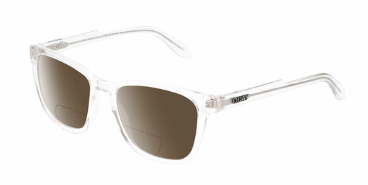 Profile View of QUAY Australia Hardwire Designer Polarized Reading Sunglasses with Custom Cut Powered Amber Brown Lenses in Clear Crystal Gold Unisex Square Full Rim Acetate 55 mm