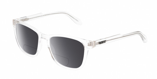 Profile View of QUAY Australia Hardwire Designer Polarized Reading Sunglasses with Custom Cut Powered Smoke Grey Lenses in Clear Crystal Gold Unisex Square Full Rim Acetate 55 mm