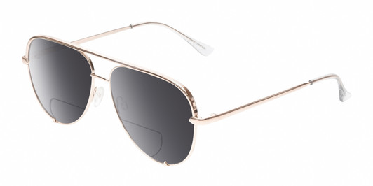 Profile View of QUAY Australia High Key Mini Designer Polarized Reading Sunglasses with Custom Cut Powered Smoke Grey Lenses in Shiny Gold Clear Crystal Unisex Pilot Full Rim Metal 59 mm