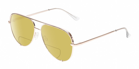 Profile View of QUAY Australia High Key Mini Designer Polarized Reading Sunglasses with Custom Cut Powered Sun Flower Yellow Lenses in Shiny Gold Clear Crystal Unisex Pilot Full Rim Metal 59 mm