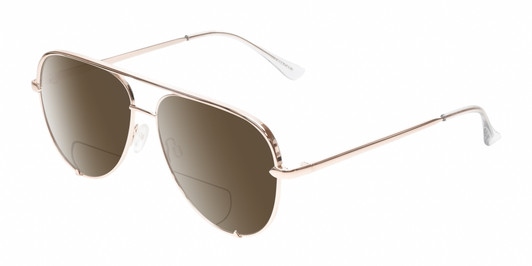 Profile View of QUAY Australia High Key Mini Designer Polarized Reading Sunglasses with Custom Cut Powered Amber Brown Lenses in Shiny Gold Clear Crystal Unisex Pilot Full Rim Metal 59 mm