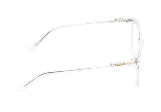 Side View of QUAY Australia All Nighter Designer Blue Light Blocking Eyeglasses in Clear Crystal Gold Ladies Cat Eye Full Rim Acetate 55 mm