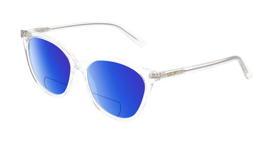 Profile View of QUAY Australia All Nighter Designer Polarized Reading Sunglasses with Custom Cut Powered Blue Mirror Lenses in Clear Crystal Gold Ladies Cat Eye Full Rim Acetate 55 mm