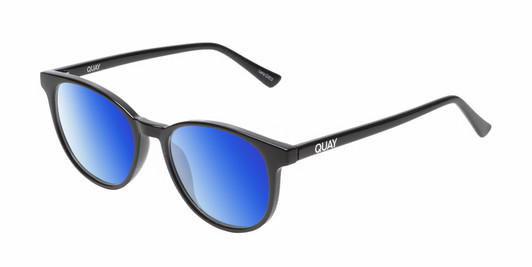 Profile View of QUAY Australia Blueprint Designer Polarized Sunglasses with Custom Cut Blue Mirror Lenses in Gloss Black Silver Unisex Round Full Rim Acetate 51 mm