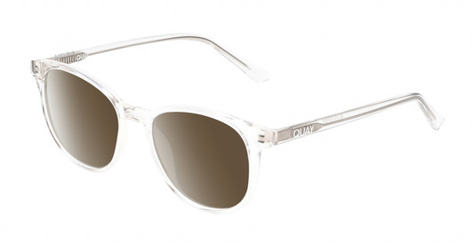 Profile View of QUAY Australia Blueprint Designer Polarized Sunglasses with Custom Cut Amber Brown Lenses in Clear Crystal Silver Unisex Round Full Rim Acetate 51 mm