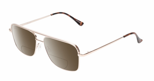 Profile View of QUAY Australia Poster Boy Mini Designer Polarized Reading Sunglasses with Custom Cut Powered Amber Brown Lenses in Shiny Gold Brown Tortoise Havana Unisex Pilot Full Rim Metal 57 mm