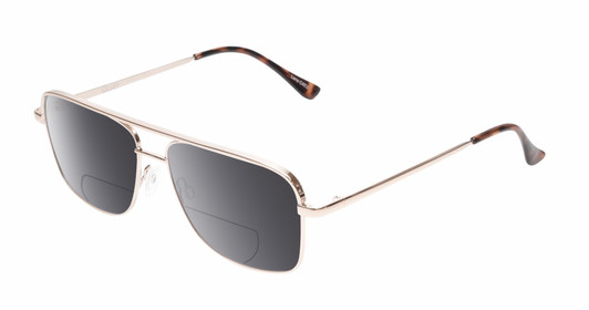 Profile View of QUAY Australia Poster Boy Mini Designer Polarized Reading Sunglasses with Custom Cut Powered Smoke Grey Lenses in Shiny Gold Brown Tortoise Havana Unisex Pilot Full Rim Metal 57 mm