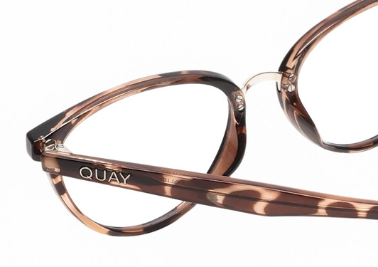 Close Up View of QUAY Australia Rumours Cateye Blue Light Reading Glasses in Tortoise Havana 57mm