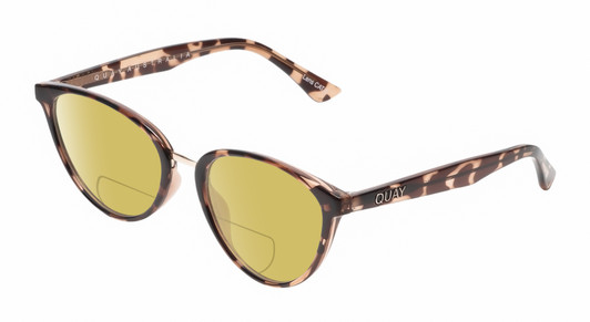 Profile View of QUAY Australia Rumours Designer Polarized Reading Sunglasses with Custom Cut Powered Sun Flower Yellow Lenses in Amber Brown Crystal Tortoise Havana Gold Ladies Cat Eye Full Rim Acetate 57 mm