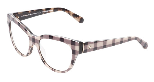 Profile View of Kate Spade AISHA Designer Blue Light Blocking Eyeglasses in Tan Purple Plaid Amber Brown Tortoise Havana Ladies Cat Eye Full Rim Acetate 54 mm