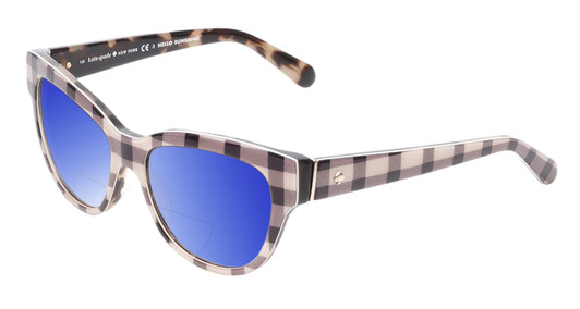 Profile View of Kate Spade AISHA Designer Polarized Reading Sunglasses with Custom Cut Powered Blue Mirror Lenses in Tan Purple Plaid Amber Brown Tortoise Havana Ladies Cat Eye Full Rim Acetate 54 mm