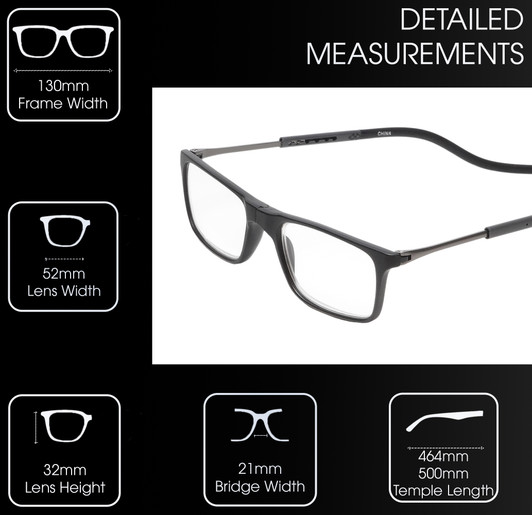 Frame Dimensions View of Calabria SP02 Snap Magnetic Reading Glasses Black Front Connect Adjustable Temples Eyeglass Around Neck Hanging Readers