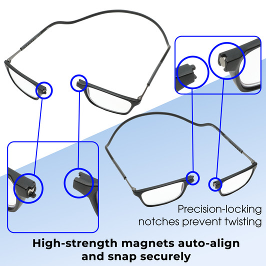 Functionality Illustration View of Calabria SP02 Snap Magnetic Reading Glasses Blue Light Black Men Women Adjustable Temples Around Neck Hanging Readers