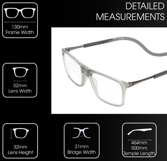 Frame Dimensions View of Calabria SP02 Snap Magnetic Reading Glasses Crystal Grey Front Connect Adjustable Temples Around Neck Hanging Readers