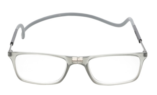 Front View of Calabria SP02 Snap Magnetic Reading Glasses Crystal Grey Front Connect Adjustable Temples Around Neck Hanging Readers