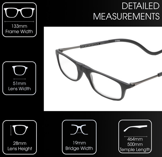 Frame Dimensions View of Calabria SP03 Snap Magnetic Reading Glasses Black Front Connect Adjustable Temples Eyeglass Around Neck Hanging Readers