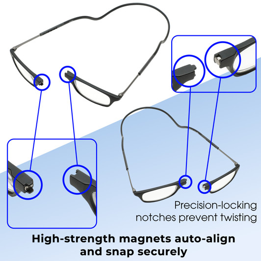 Functionality Illustration View of Calabria SP03 Snap Magnetic Reading Glasses Black Front Connect Adjustable Temples Eyeglass Around Neck Hanging Readers