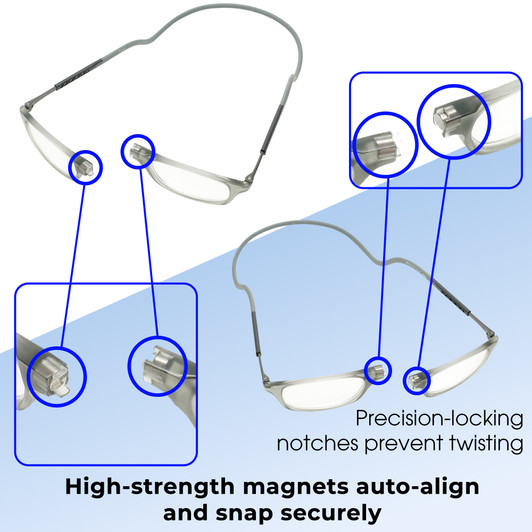 Functionality Illustration View of Calabria SP03 Snap Magnetic Reading Glasses Blue Light Crystal Grey Adjustable Temples Around the Neck Hanging Readers