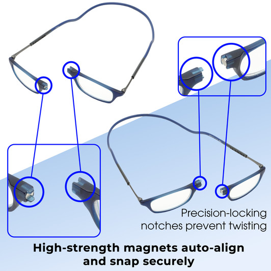 Functionality Illustration View of Calabria SP03 Snap Magnetic Reading Glasses Crystal Blue Front Connect Adjustable Temples Around Neck Hanging Readers
