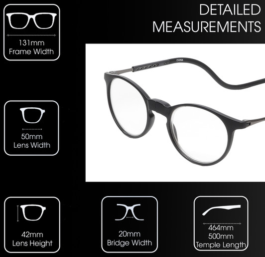 Frame Dimensions View of Calabria SP04 Snap Magnetic Reading Glasses Blue Light Black Men Women Adjustable Temples Around Neck Hanging Readers
