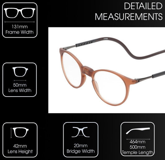 Frame Dimensions View of Calabria SP04 Snap Magnetic Reading Glasses Blue Light Crystal Brown Adjustable Temples Around the Neck Hanging Readers