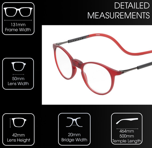 Frame Dimensions View of Calabria SP04 Snap Magnetic Reading Glasses Crystal Red Front Connect Adjustable Temples Around Neck Hanging Readers